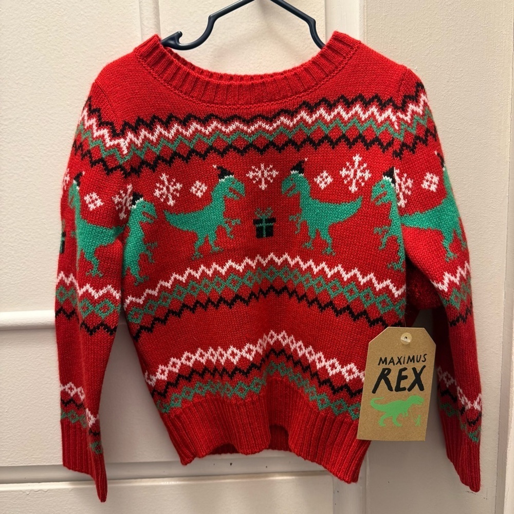 Kids Dinosaur Holiday Sweater Set - Red and Green